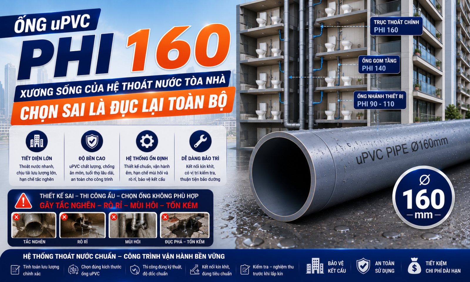 Ống uPVC Phi 160 – Xương Sống Của Hệ Thoát Nước Tòa Nhà Chọn Sai Là Đục Lại Toàn Bộ