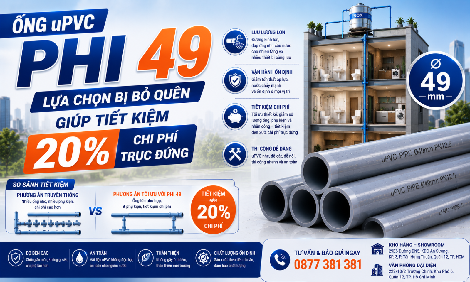 Ống uPVC phi 49 – Lựa Chọn Bị Bỏ Quên Giúp Tiết Kiệm 20% Chi Phí Trục Đứng