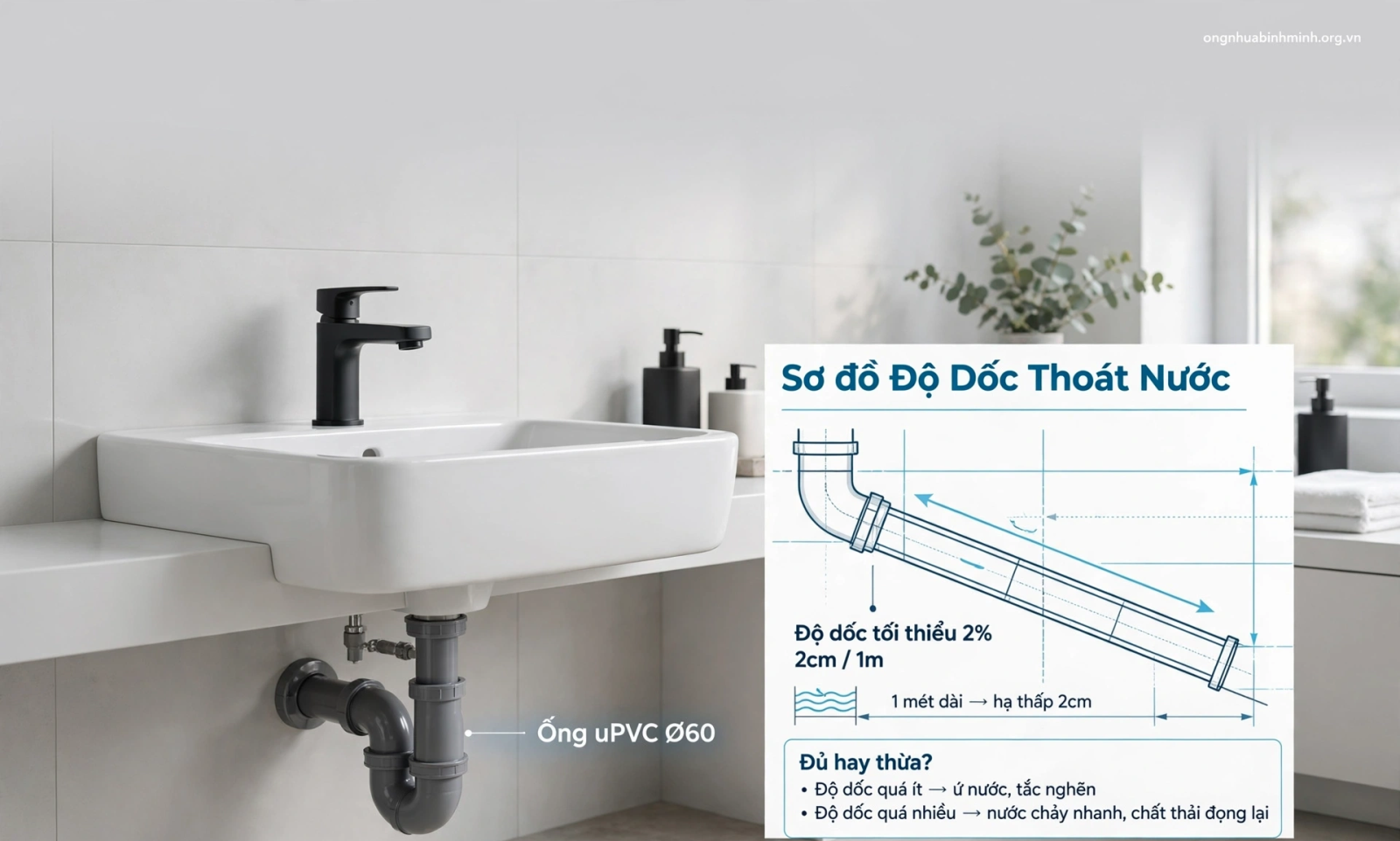 Ống uPVC phi 60 Thoát Nước Lavabo: Đủ Hay Thừa? Sự Thật Về Độ Dốc Nhiều Người Bỏ Qua