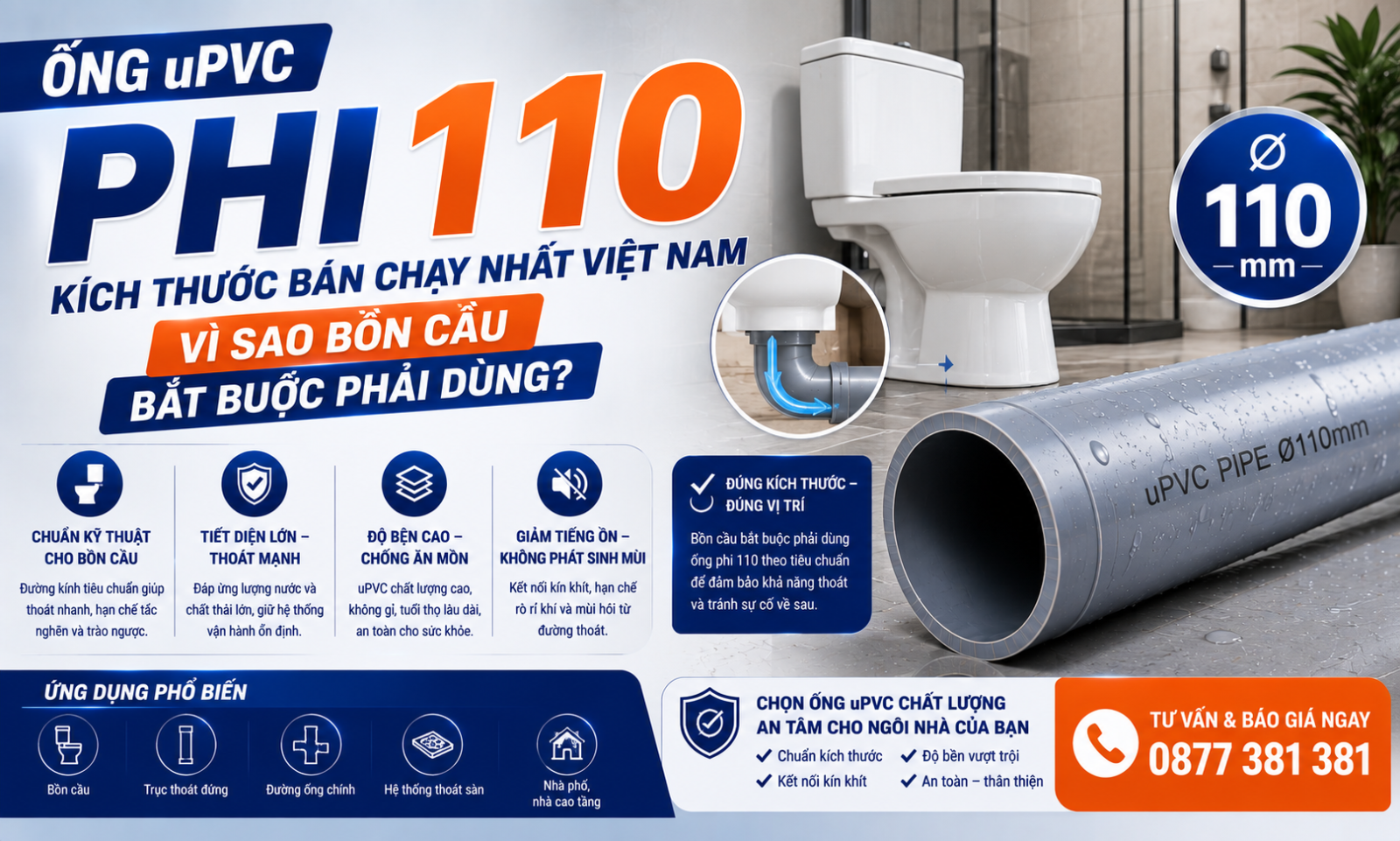 Ống uPVC Phi 110 – Kích Thước Bán Chạy Nhất Việt Nam: Vì Sao Bồn Cầu Bắt Buộc Phải Dùng?